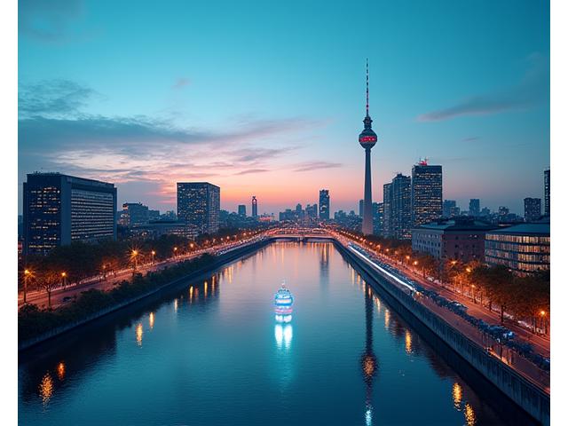 Image of a modern, vibrant Berlin skyline, with subtle digital education overlays