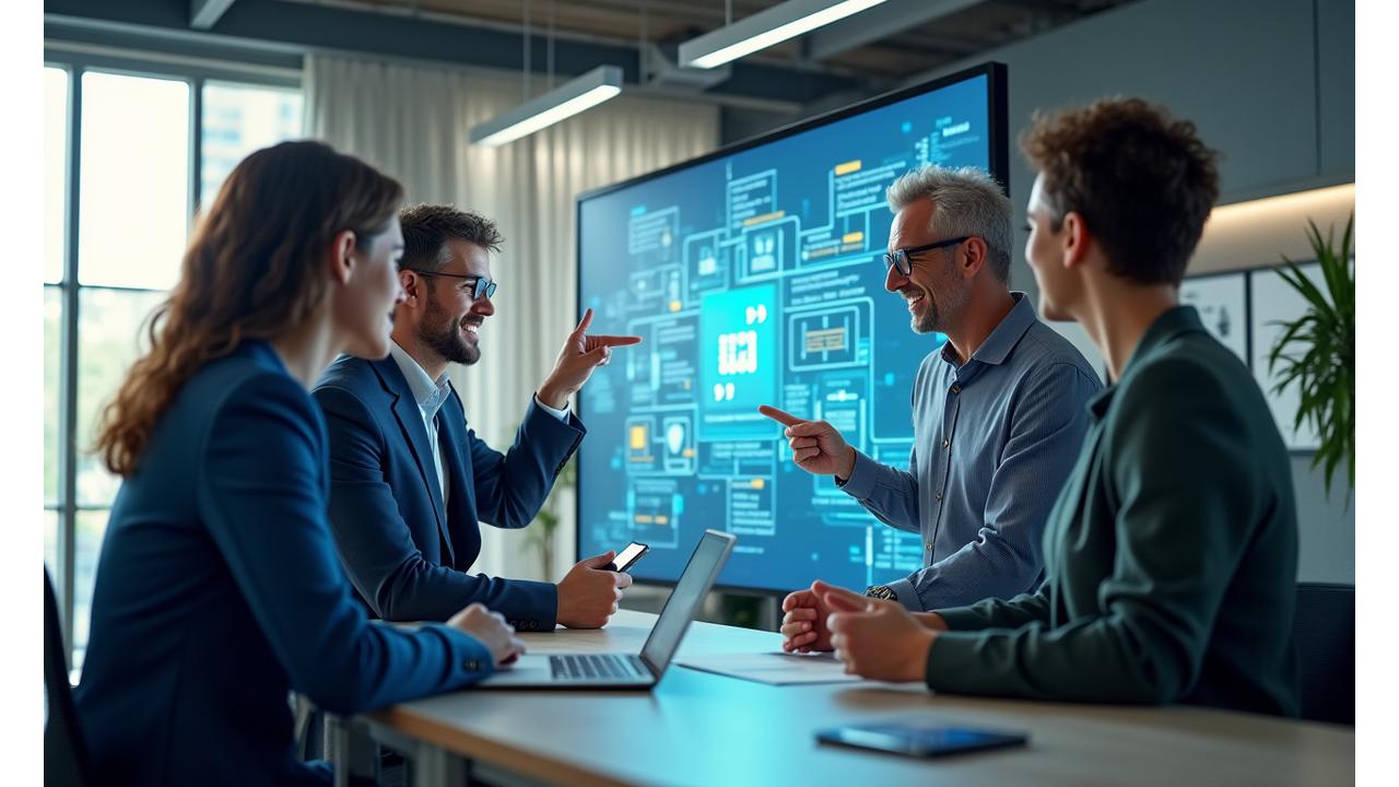 Team von Lernwelle EdTech-Experten in einem modernen Büro arbeiten und sich besprechen