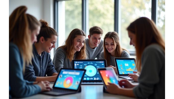 Schüler, die begeistert an Tablets Matheaufgaben lösen mit Gamification-Elementen auf dem Bildschirm