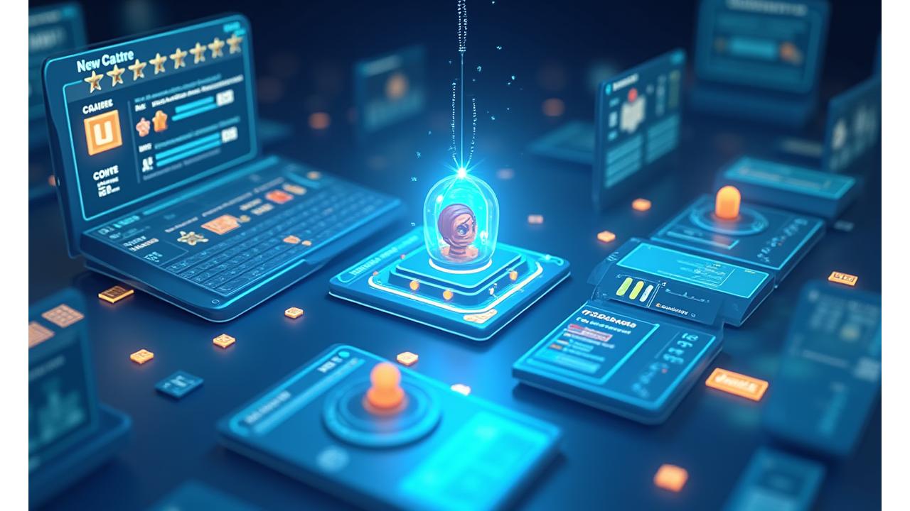 Interaktive Gamification-Oberfläche mit Punkten, Abzeichen und einem Lernbereich, der einen Spielbildschirm simuliert