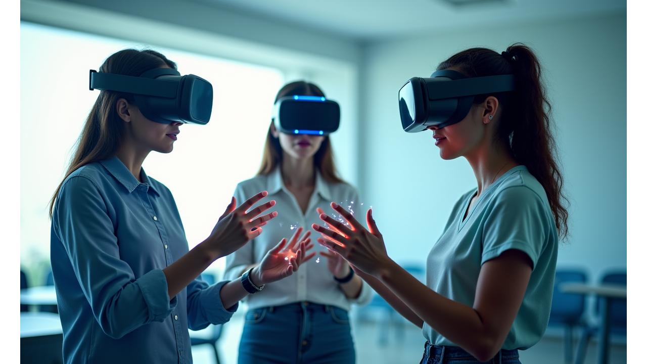 Jugendliche nutzen VR-Brillen in einem Lernumgebung, Hände gestikulieren im virtuellen Raum