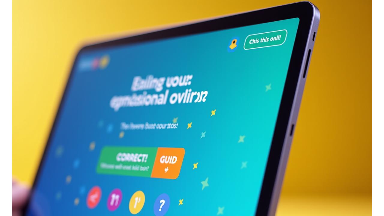 Bildschirm eines Gamified-Quiz mit bunten Elementen und Punkteanzeige