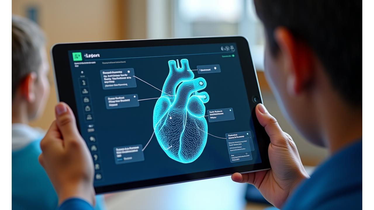 Interaktive 3D-Simulation eines menschlichen Herzens auf einem Tablet-Bildschirm
