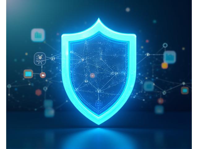 Illustration von Datensicherheit und GDPR-Konformität, symbolisiert durch ein Schutzschild über digitalen Daten und Schlössern. Die Farben spiegeln die Markenidentität wider.