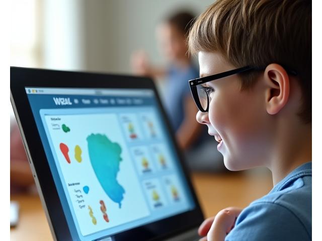 Ein Kind sitzt vor einem Lernwelle-Programm, das sich an dessen individuelle Lernbedürfnisse anpasst. Der Bildschirm zeigt personalisierte Lernpfade und interaktive Aufgaben, die auf sensorische Eingaben reagieren.