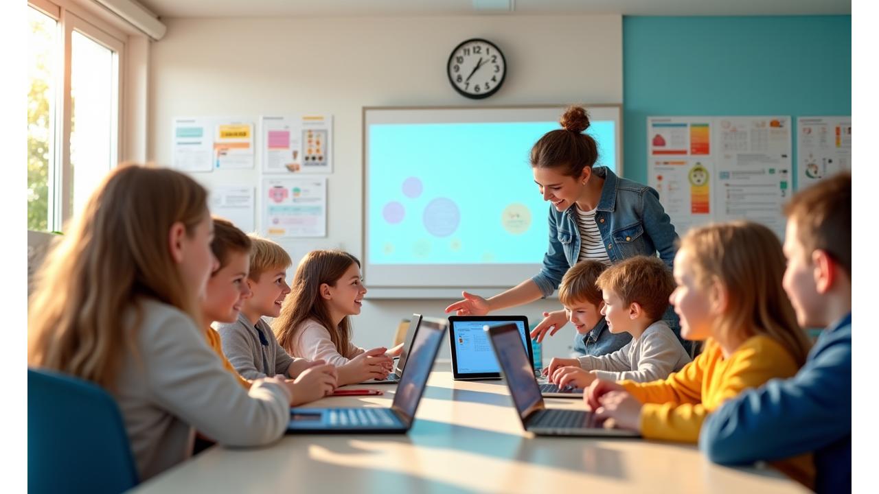 Ein interaktives Klassenzimmer, in dem Kinder mit vielfältigen Lernbedürfnissen gemeinsam an Lernwelle-Geräten lernen und von einem Lehrer unterstützt werden. Helle, moderne Atmosphäre.