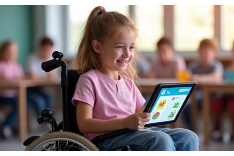 Ein lächelndes Mädchen im Rollstuhl, das enthusiastisch mit Lernwelle-Software in einem inklusiven Klassenzimmer interagiert.
