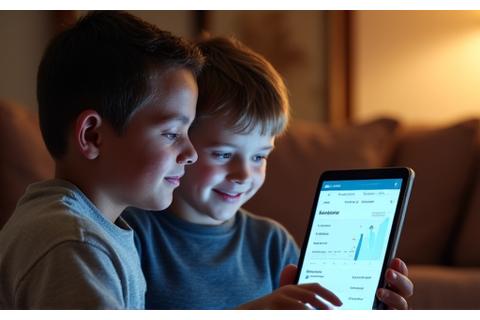 Ein Vater und sein Sohn, die sich über ein Tablet beugen und glücklich lächeln, während sie die Fortschrittsverfolgungsfunktion von Lernwelle nutzen.