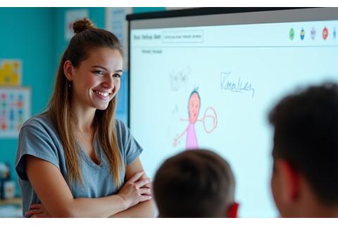 Eine lachende Lehrerin, die einer kleinen Gruppe von Schülern mit unterschiedlichen Fähigkeiten am interaktiven Whiteboard hilft.