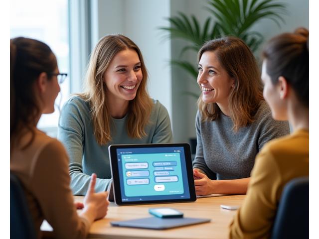 Ein Lehrer in einer Lernwelle-Schulungssitzung, der auf einem Tablet interaktive Lerninhalte für Sonderpädagogik präsentiert. Gruppe von Lehrern im Hintergrund, die aktiv teilnehmen.