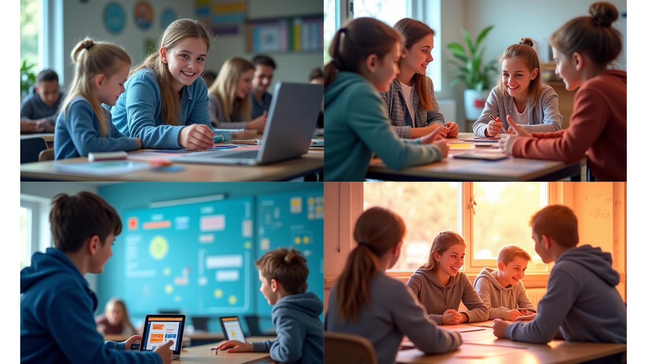 Collage of students from different German schools actively engaging with gamified STEM lessons on various devices, showing diverse demographics.
